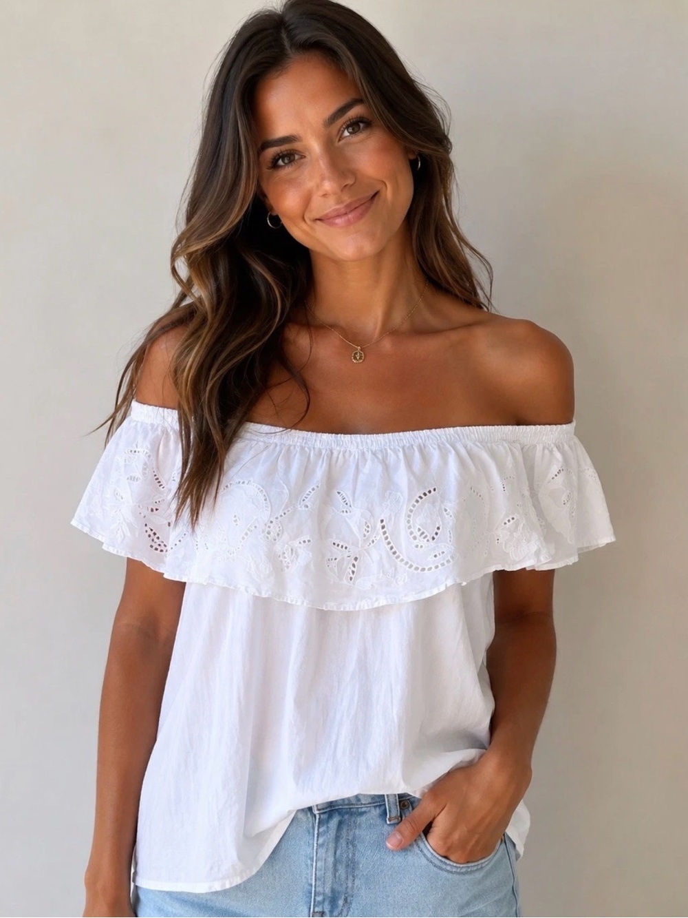 Ava & Viv White Off-Shoulder Eyelet Ruffle Top